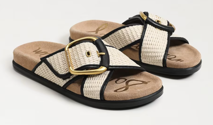 Sandal nữ SAM EDELMAN Womens Darla Multi Buckle Slide Sandal Color Linen/Black Faux Raffia - Giày nữ xuất dư Âu, Mỹ