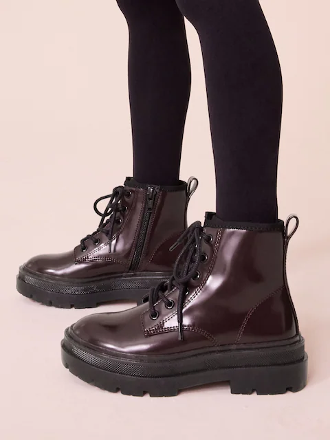 Boot nữ cổ ngắn da thật Next Burgundy Red Lace Up Chunky Ankle Boots - Giày da xuất dư sang Mỹ