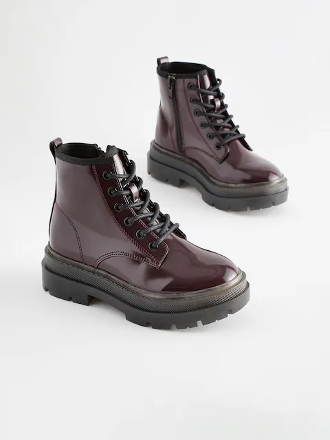 Boot nữ cổ ngắn da thật Next Burgundy Red Lace Up Chunky Ankle Boots - Giày da xuất dư sang Mỹ