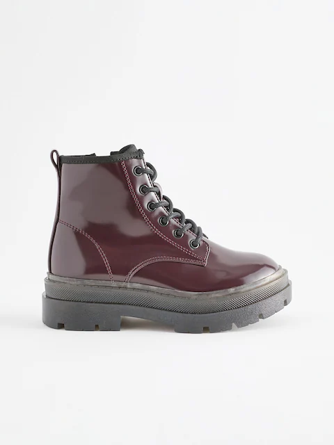 Boot nữ cổ ngắn da thật Next Burgundy Red Lace Up Chunky Ankle Boots - Giày da xuất dư sang Mỹ