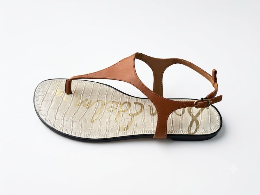 Sandal nữ Sam Edelman Women's Greta Flat Sandal Color Brown - White Leather  - Giày xuất Mỹ