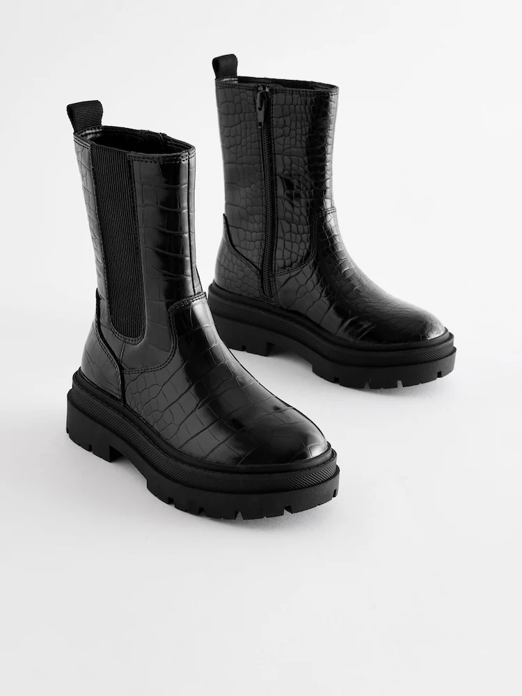 Boot nữ da thật Next Black Snake Print Chunky Tall Chelsea Boots màu đen - Giày da xuất dư sang Mỹ