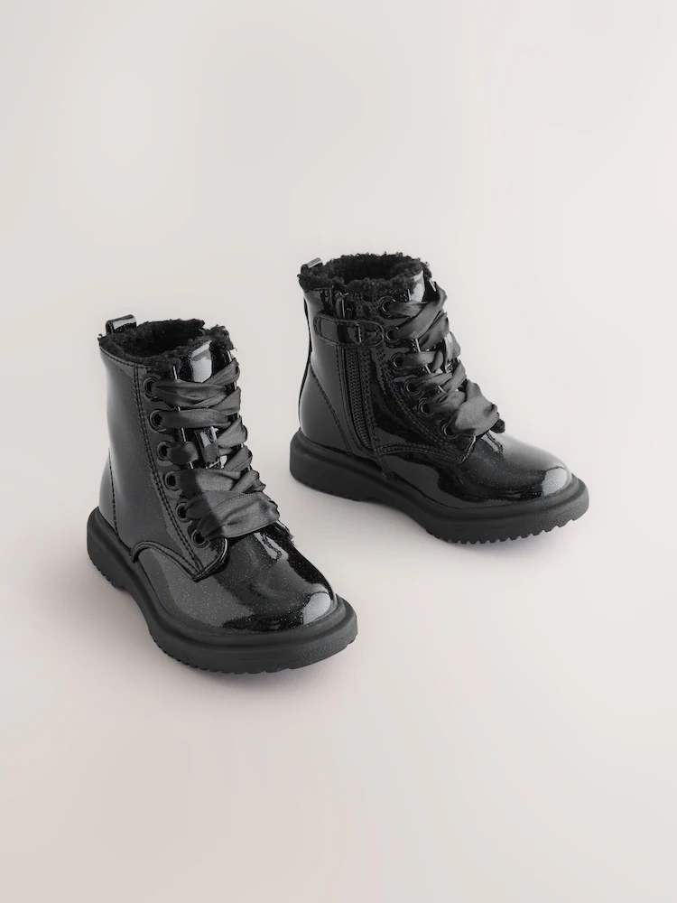 Giày Trẻ Em Xuất Dư Black Patent Sparkle Wide Fit (G) Lace-Up Ankle Boots – Chính Hãng Next