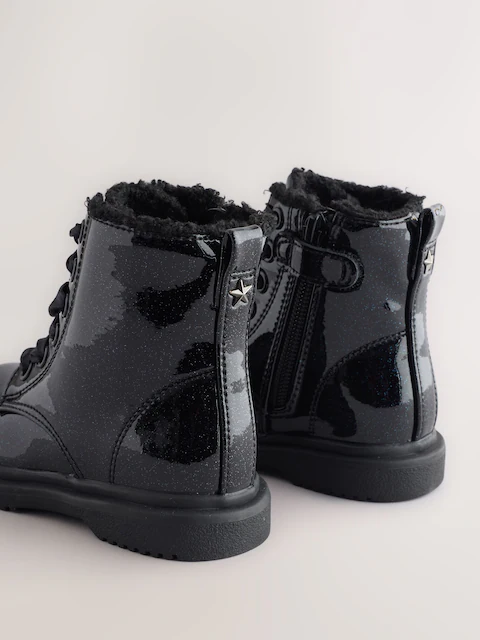 Giày Trẻ Em Xuất Dư Black Patent Sparkle Wide Fit (G) Lace-Up Ankle Boots – Chính Hãng Next