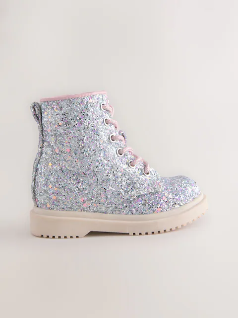 GIÀY BÉ GÁI LẤP LÁNH BUY SILVER GLITTER STANDARD FIT (F) LACE-UP ANKLE BOOTS – CHÍNH HÃNG NEXT