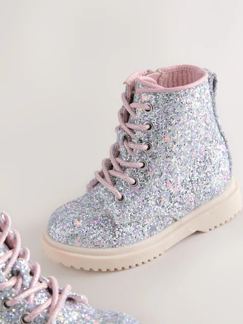 GIÀY BÉ GÁI LẤP LÁNH BUY SILVER GLITTER STANDARD FIT (F) LACE-UP ANKLE BOOTS – CHÍNH HÃNG NEXT