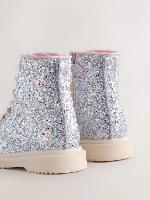 GIÀY BÉ GÁI LẤP LÁNH BUY SILVER GLITTER STANDARD FIT (F) LACE-UP ANKLE BOOTS – CHÍNH HÃNG NEXT