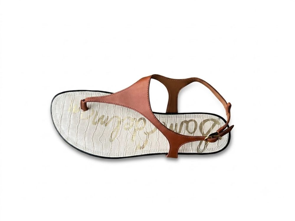 Sandal nữ Sam Edelman Women's Greta Flat Sandal Color Brown - White Leather  - Giày xuất Mỹ