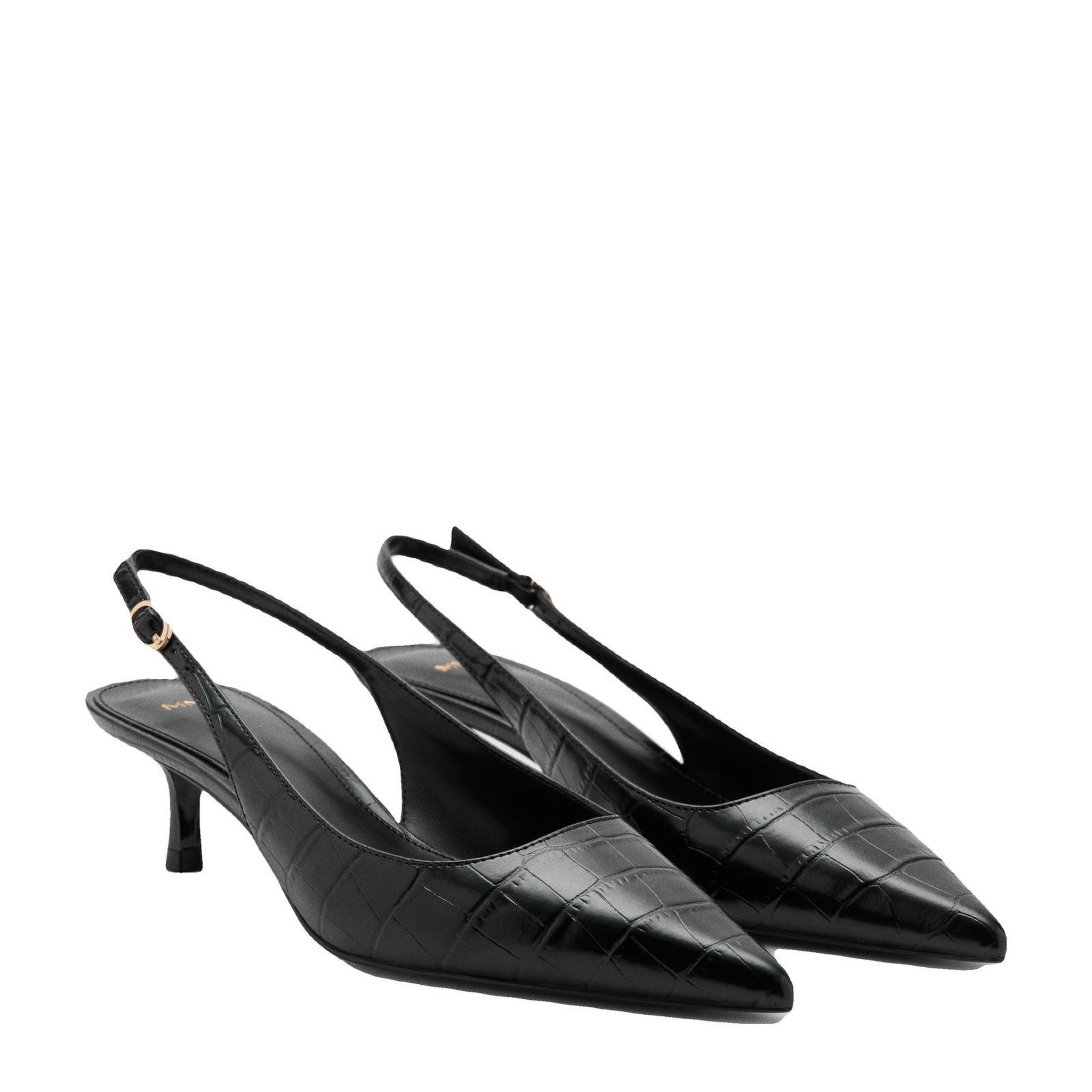 Giày Cao Gót 5 cm Nữ Xuất Dư Chính Hãng M.N.G – Black Croc Embossed Slingback Kitten Heel Pump | Sang Trọng – Thanh Lịch – Giá Tốt