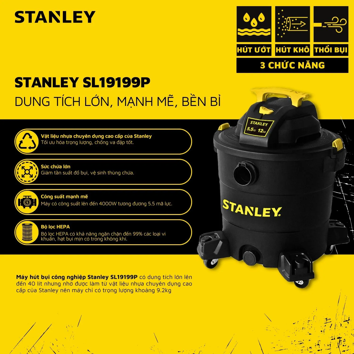 Máy hút bụi 3 chức năng Khô/Ướt/Thổi STANLEY SL19199P
