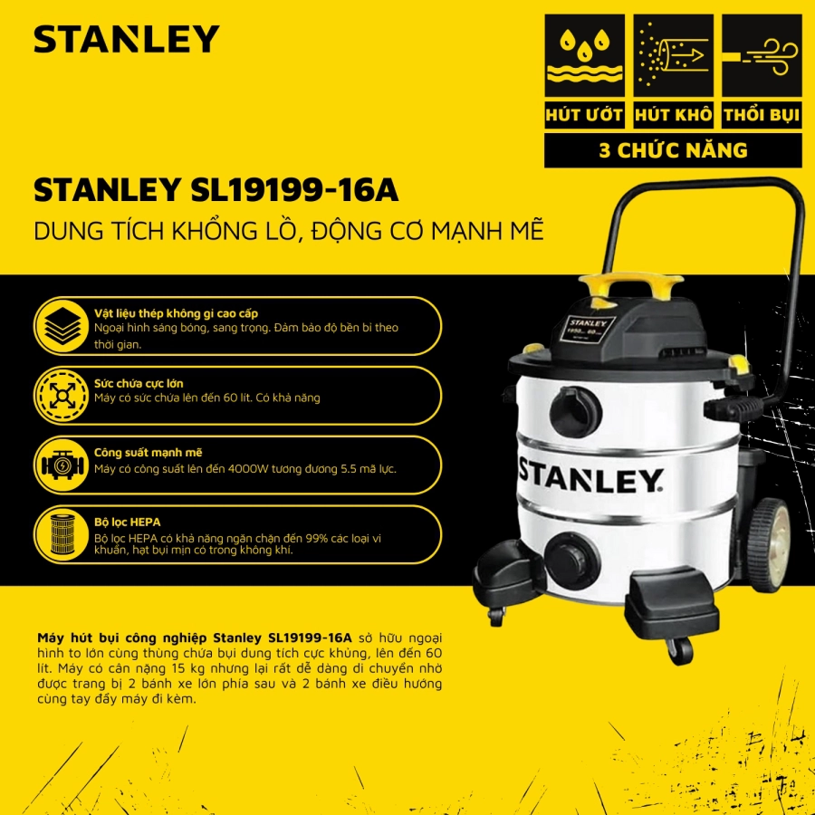 Máy hút bụi 3 chức năng Khô/Ướt/Thổi STANLEY SL19199-16A
