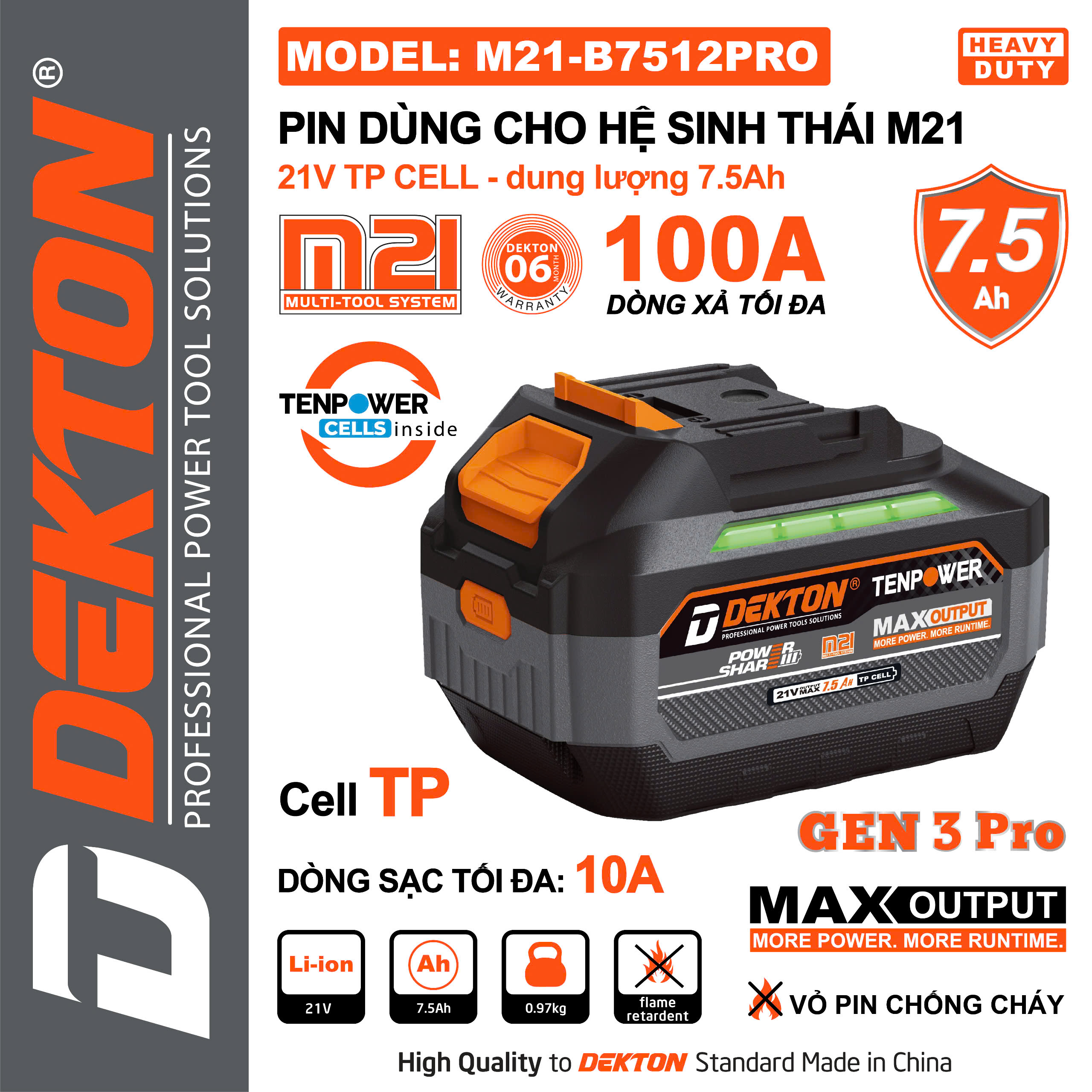 Pin 21V Lithium-ion dung lượng 7.5Ah DEKTON M21-B7512PRO