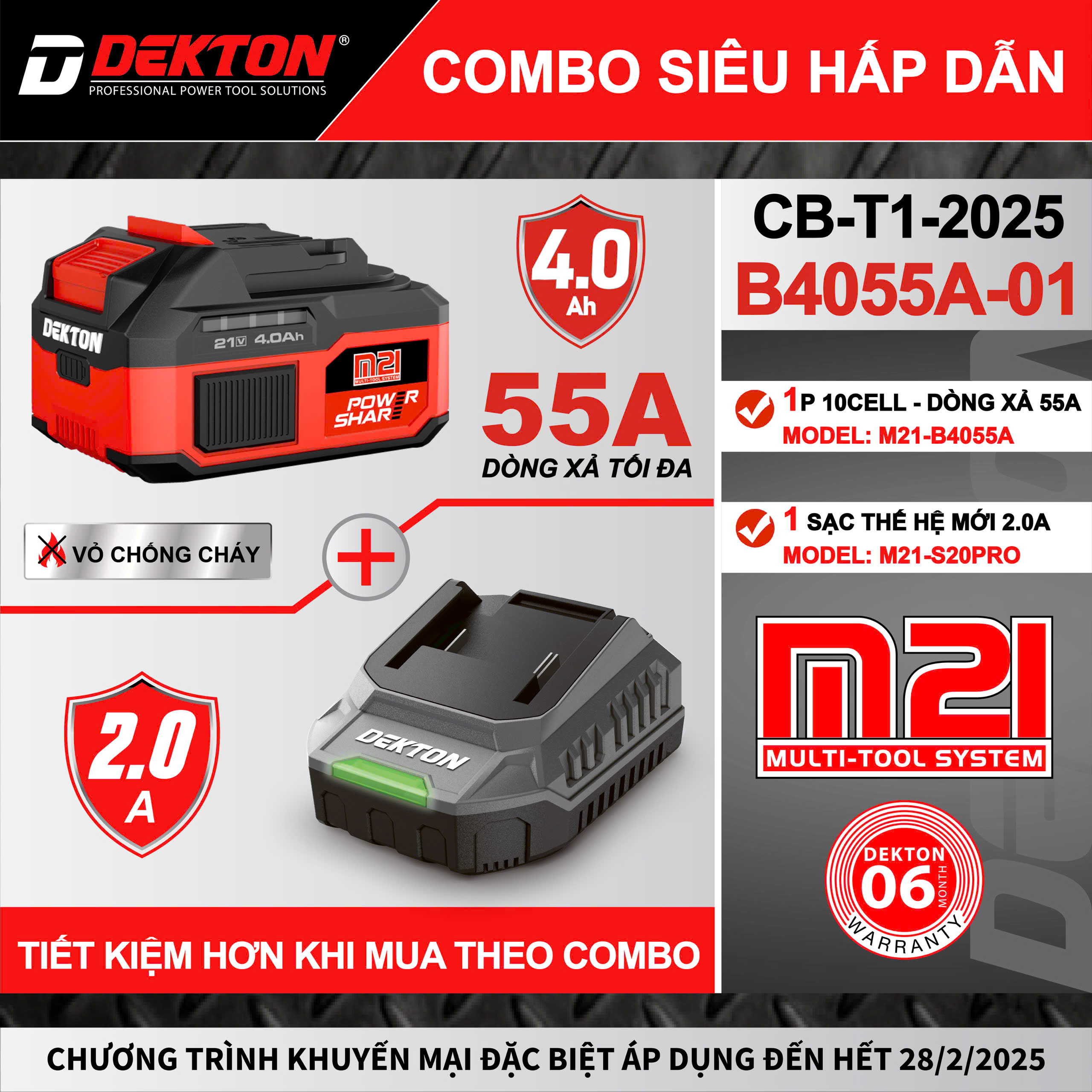 Pin 21V dung lượng 4.0Ah DEKTON M21-B4055A