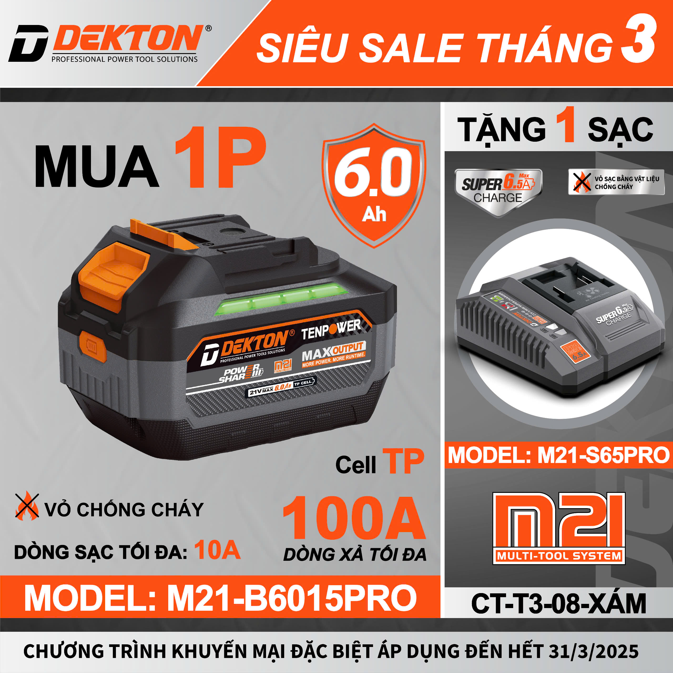 Pin 21V Lithium-ion dung lượng 6.0Ah DEKTON M21-B6015PRO