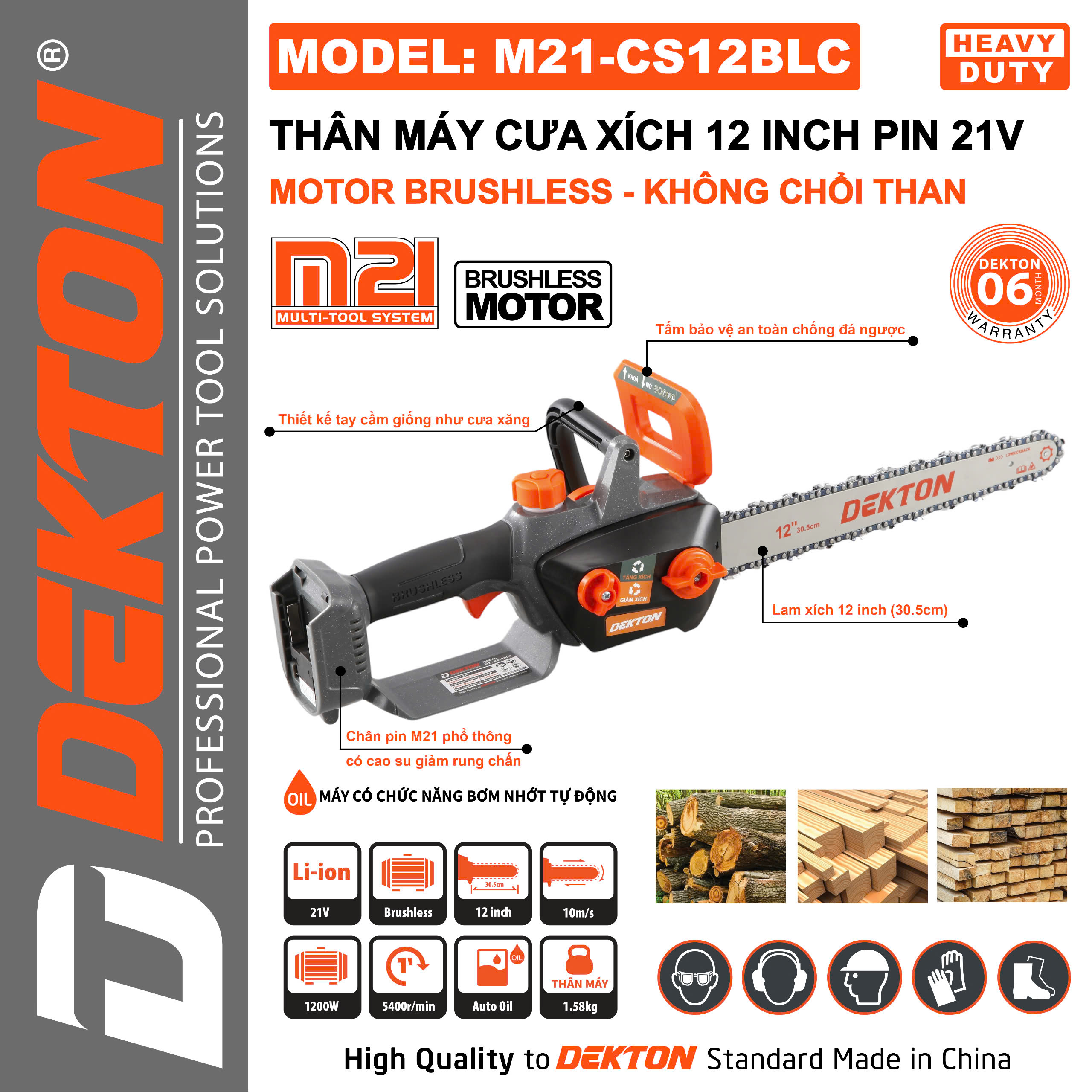 Máy cưa xích 12IN dùng pin DEKTON M21-CS12BLC (chưa pin sạc)