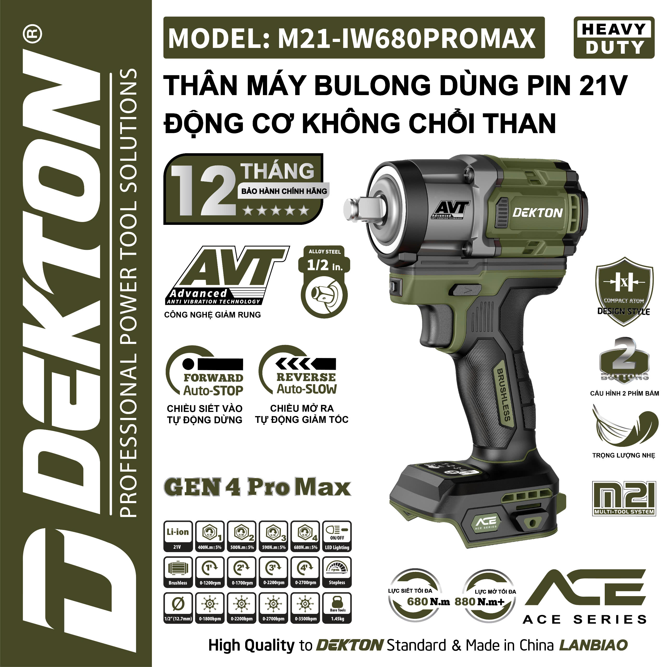 Máy siết bulong sử dụng pin DEKTON M21-IW680PROMAX (chưa pin sạc)