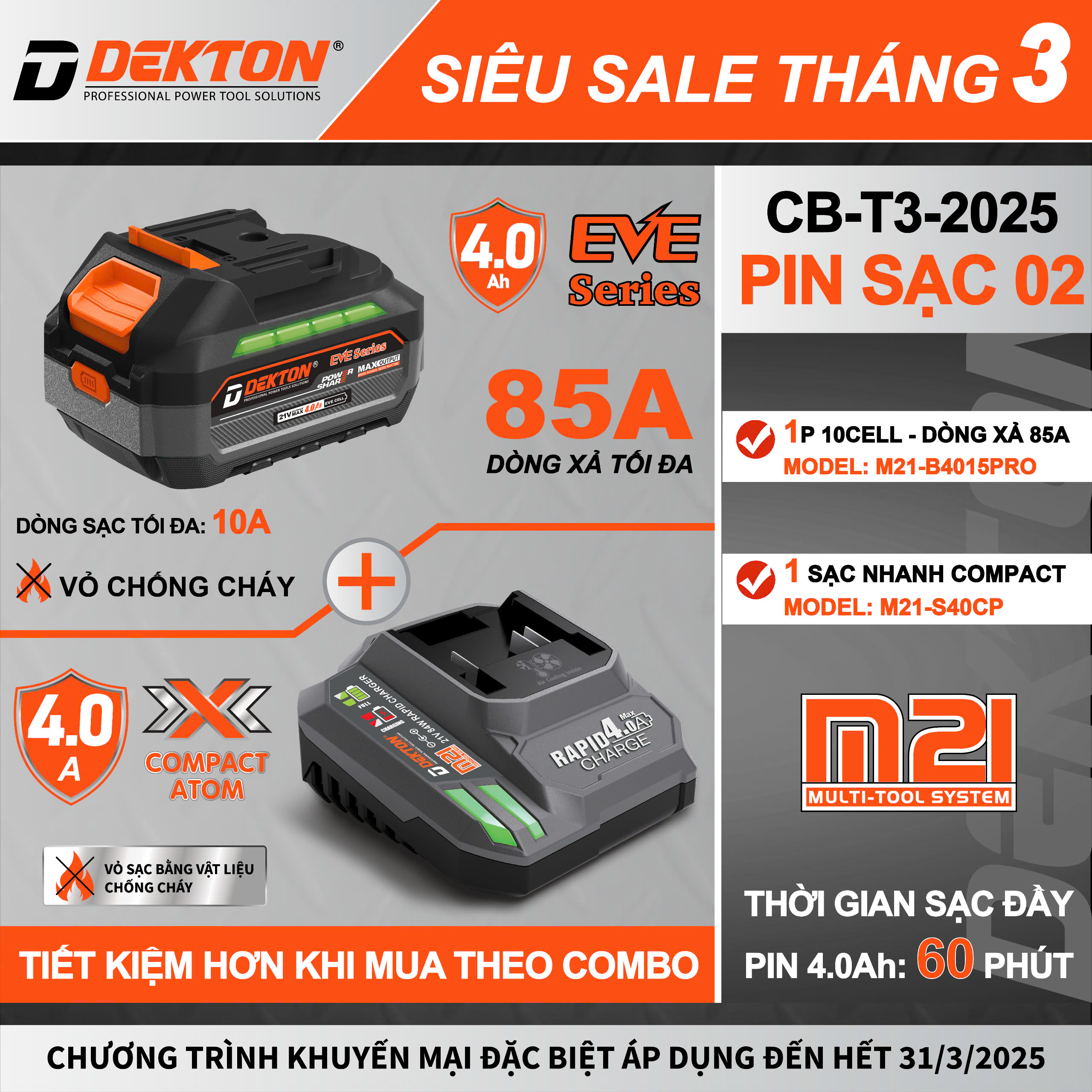 Pin 21V Lithium-ion dung lượng 4.0Ah DEKTON M21-B4015PRO