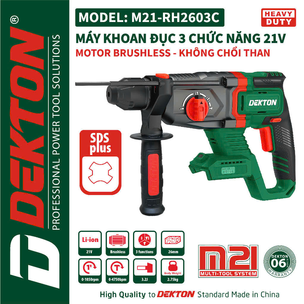 Máy khoan đục 3 chức năng sử dụng pin DEKTON M21-RH2603C (Chưa pin sạc)