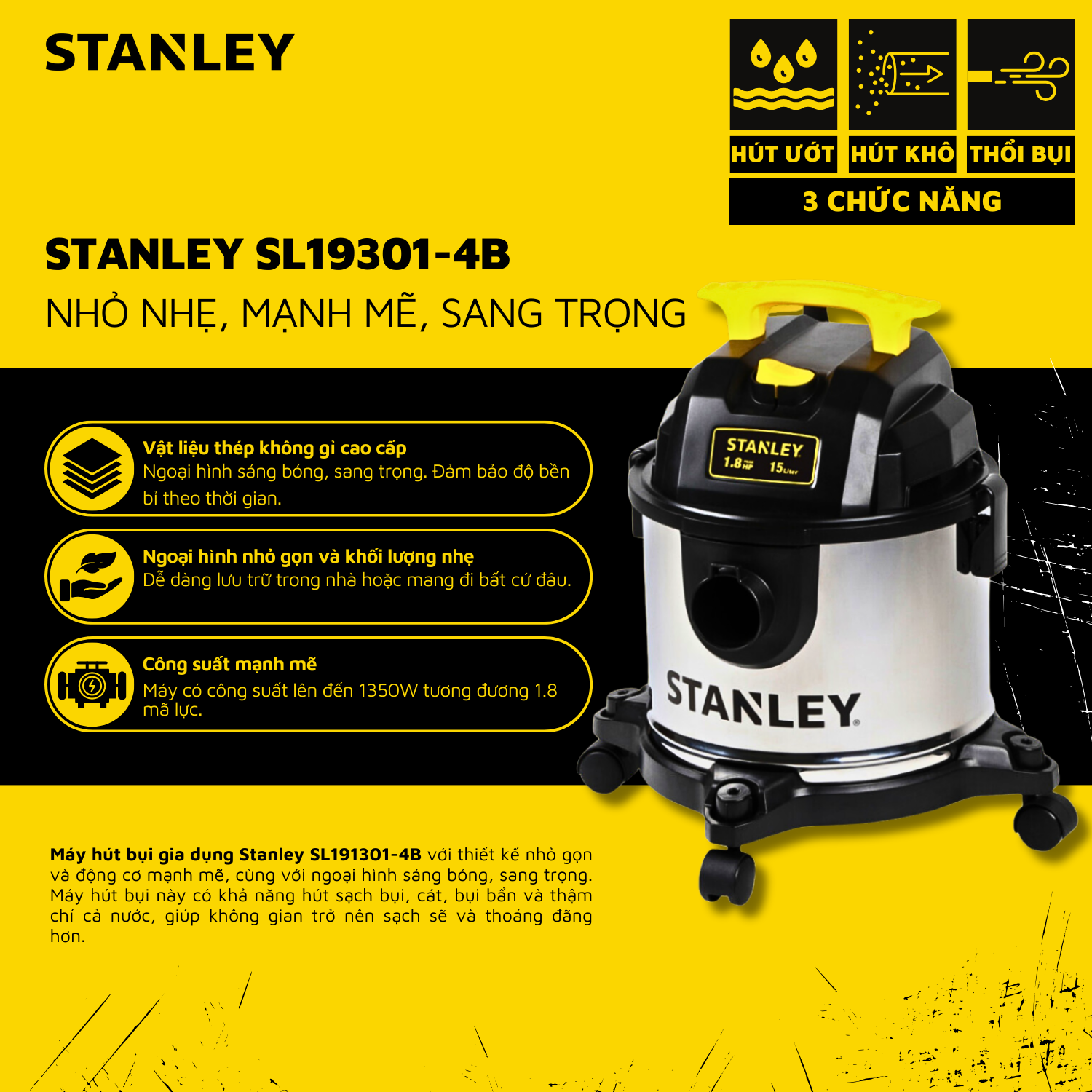 Máy hút bụi gia dụng khô/ướt/thổi STANLEY SL19301-4B