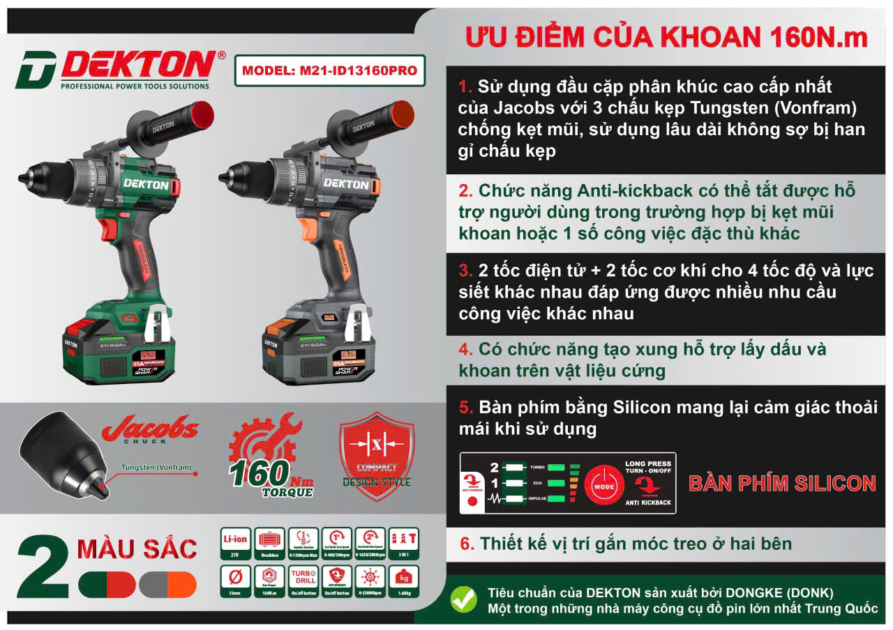 Máy khoan sử dụng pin DEKTON M21-ID13160PRO ( chưa pin và sạc)