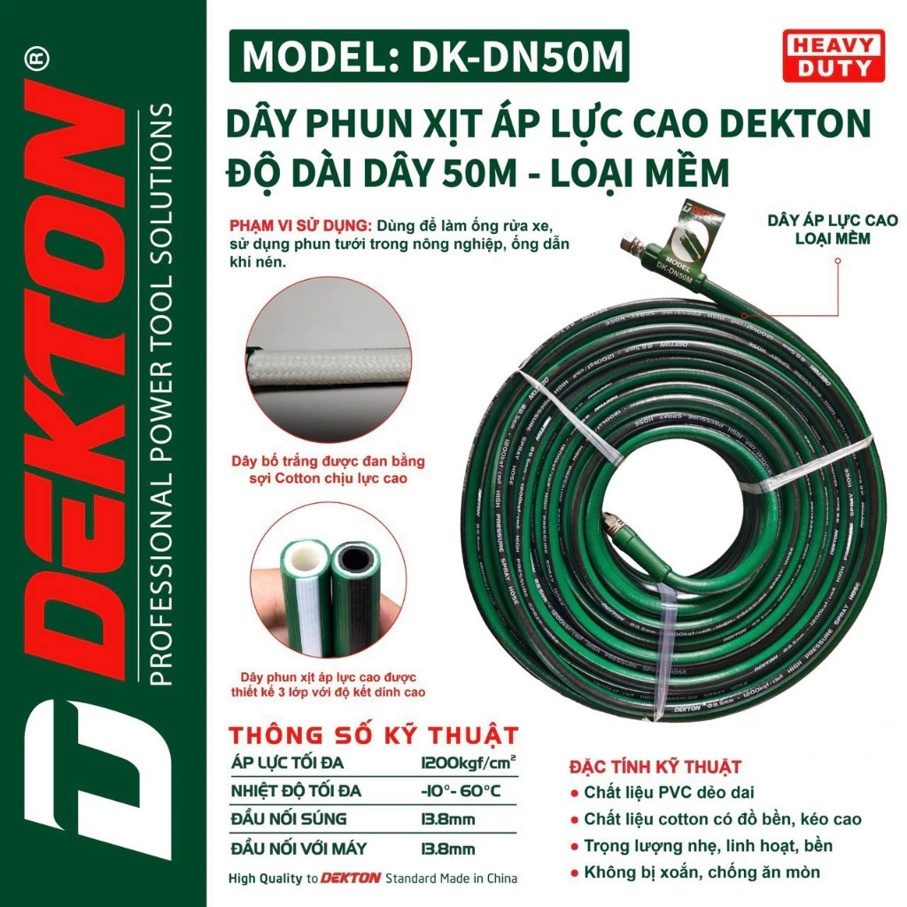 Dây rửa xe phun xịt áp lực cao 50m DEKTON DK-DN50M (Dây mềm)