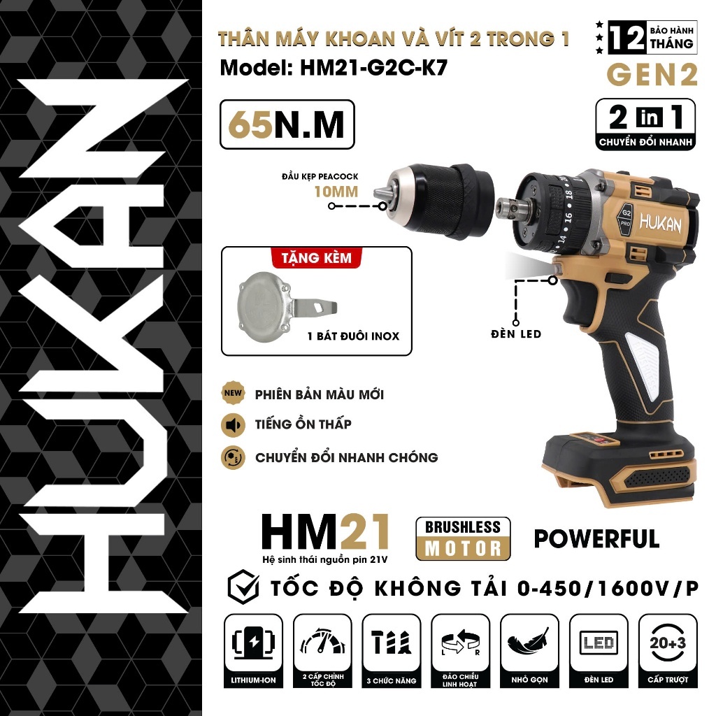 Máy khoan 2 in 1 (khoan và vít) dùng pin HUKAN HM21-G2C-K7 (chưa có pin sạc)