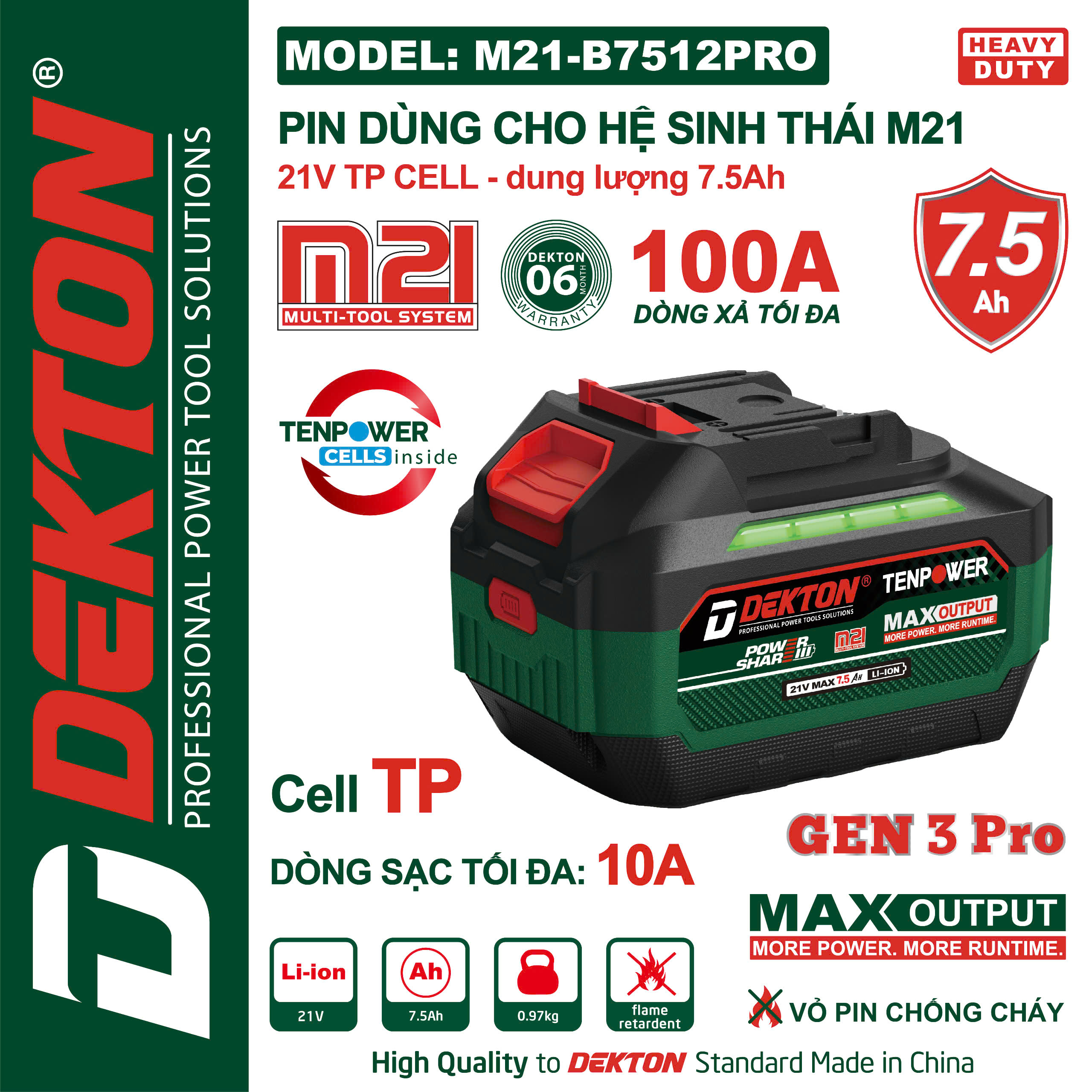 Pin 21V Lithium-ion dung lượng 7.5Ah DEKTON M21-B7512PRO
