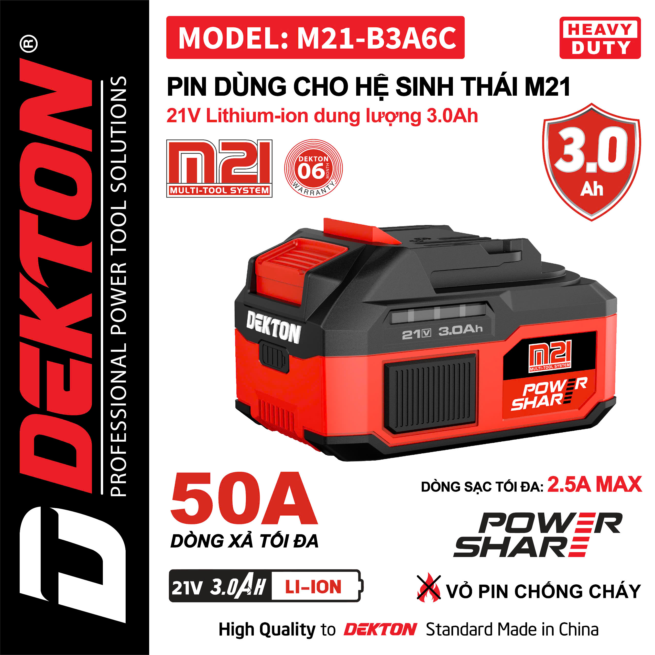 Pin 21V Lithium-ion dung lượng 3.0Ah DEKTON M21-B3A6C