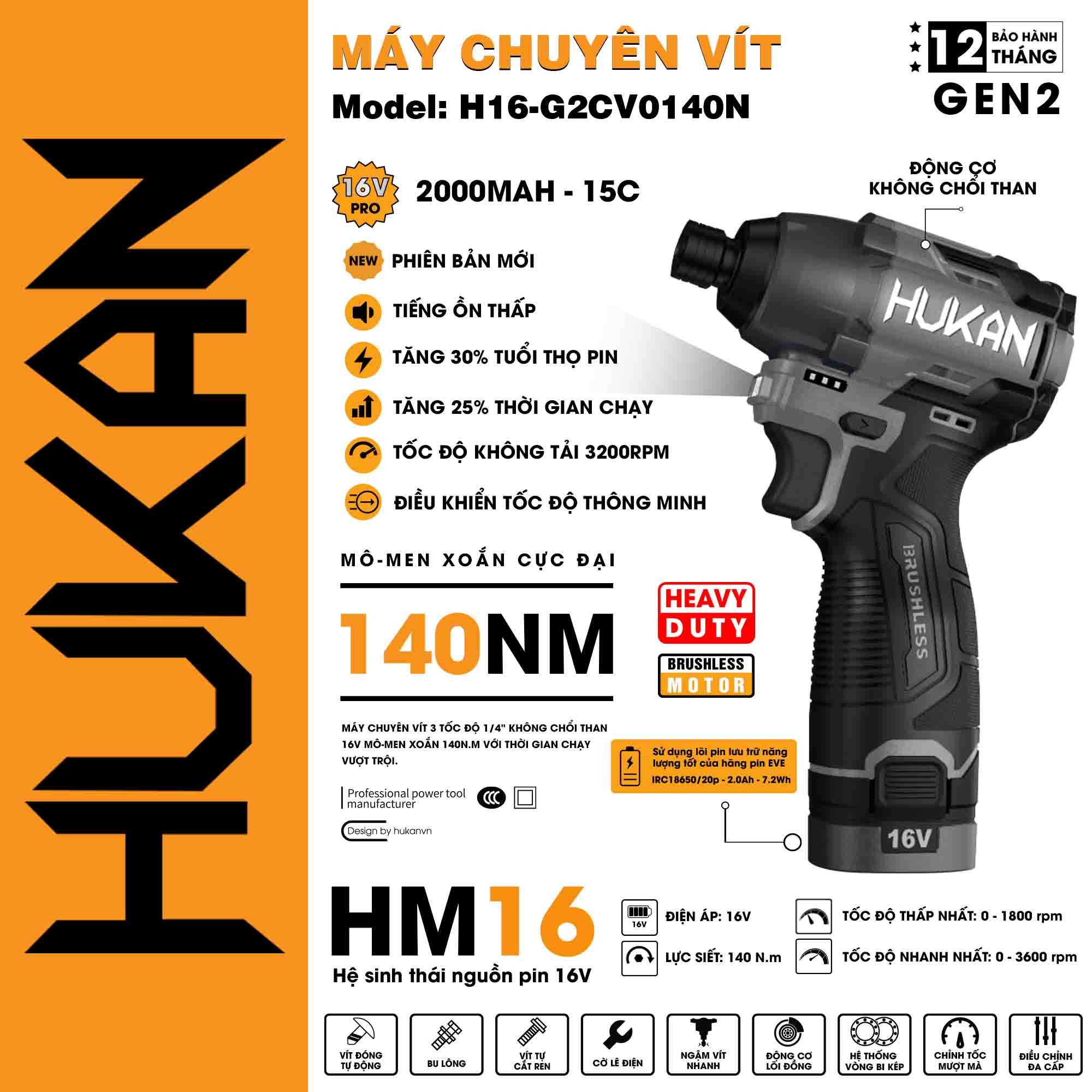 Máy chuyên vít dùng pin HUKAN H16-G2CV0140N