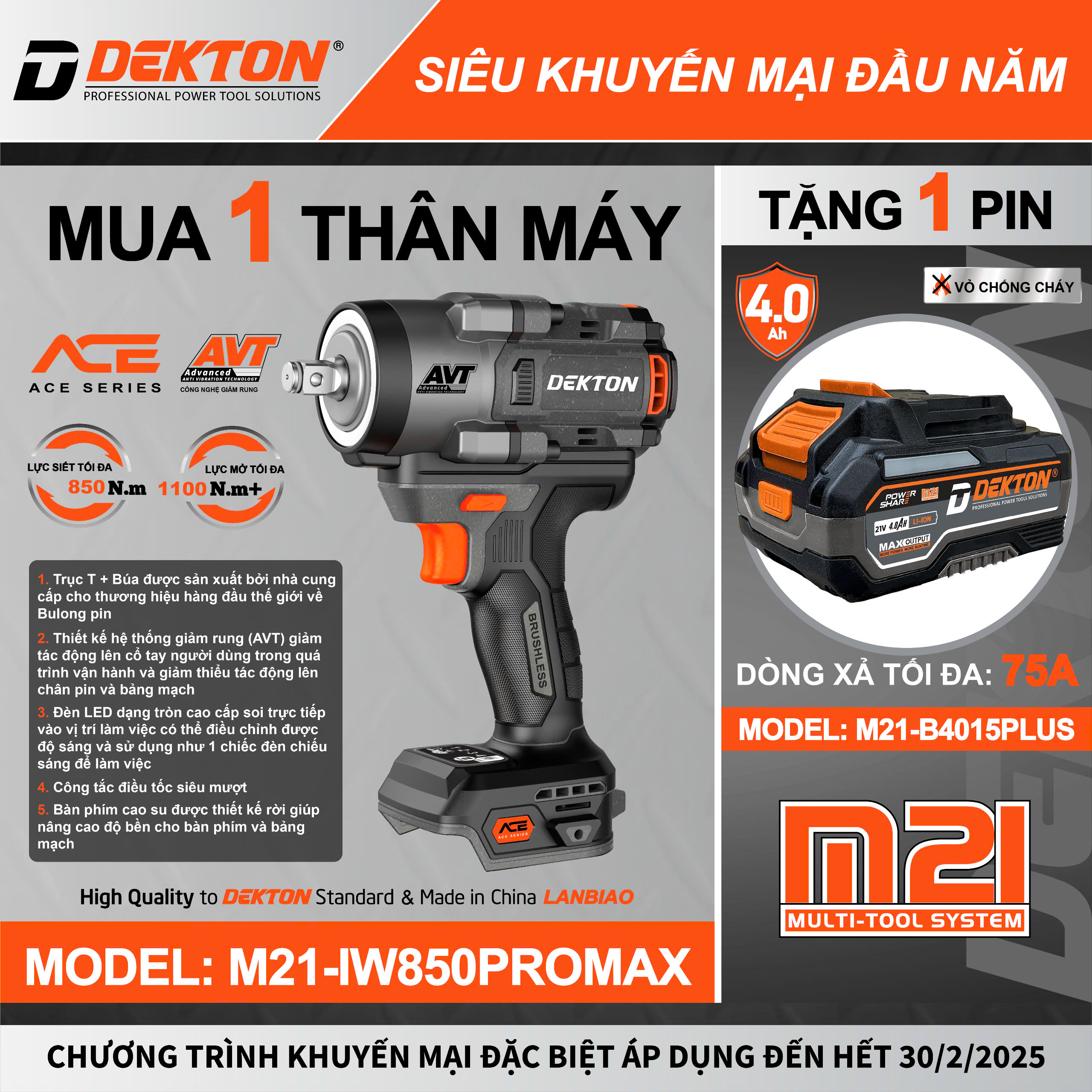 [Tặng 1 Pin 4Ah] Máy siết bulong sử dụng pin DEKTON M21-IW850PROMAX (chưa pin sạc)