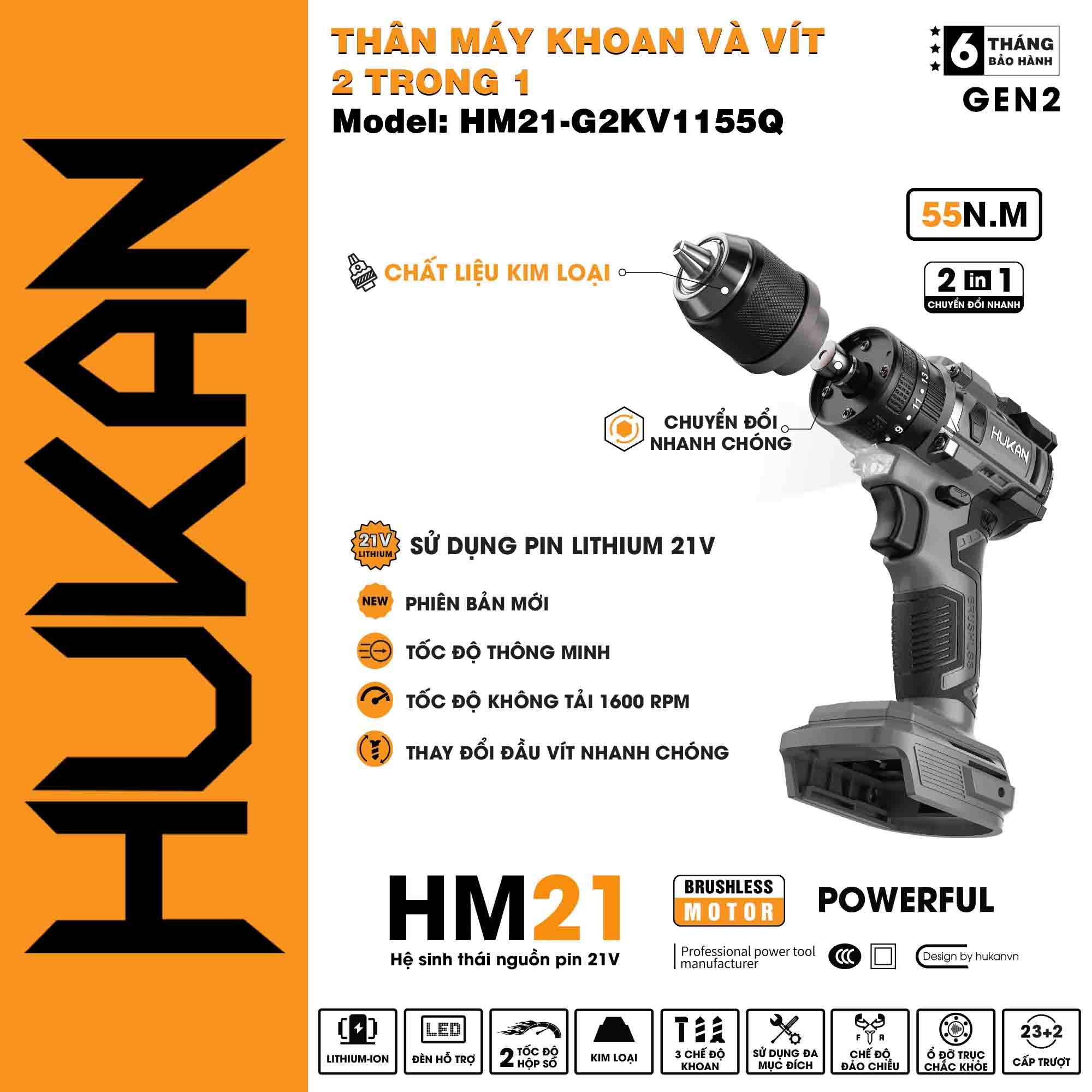 Máy khoan và vít (2 trong 1) dùng pin HUKAN HM21-G2KV1155Q (chưa có pin và sạc)