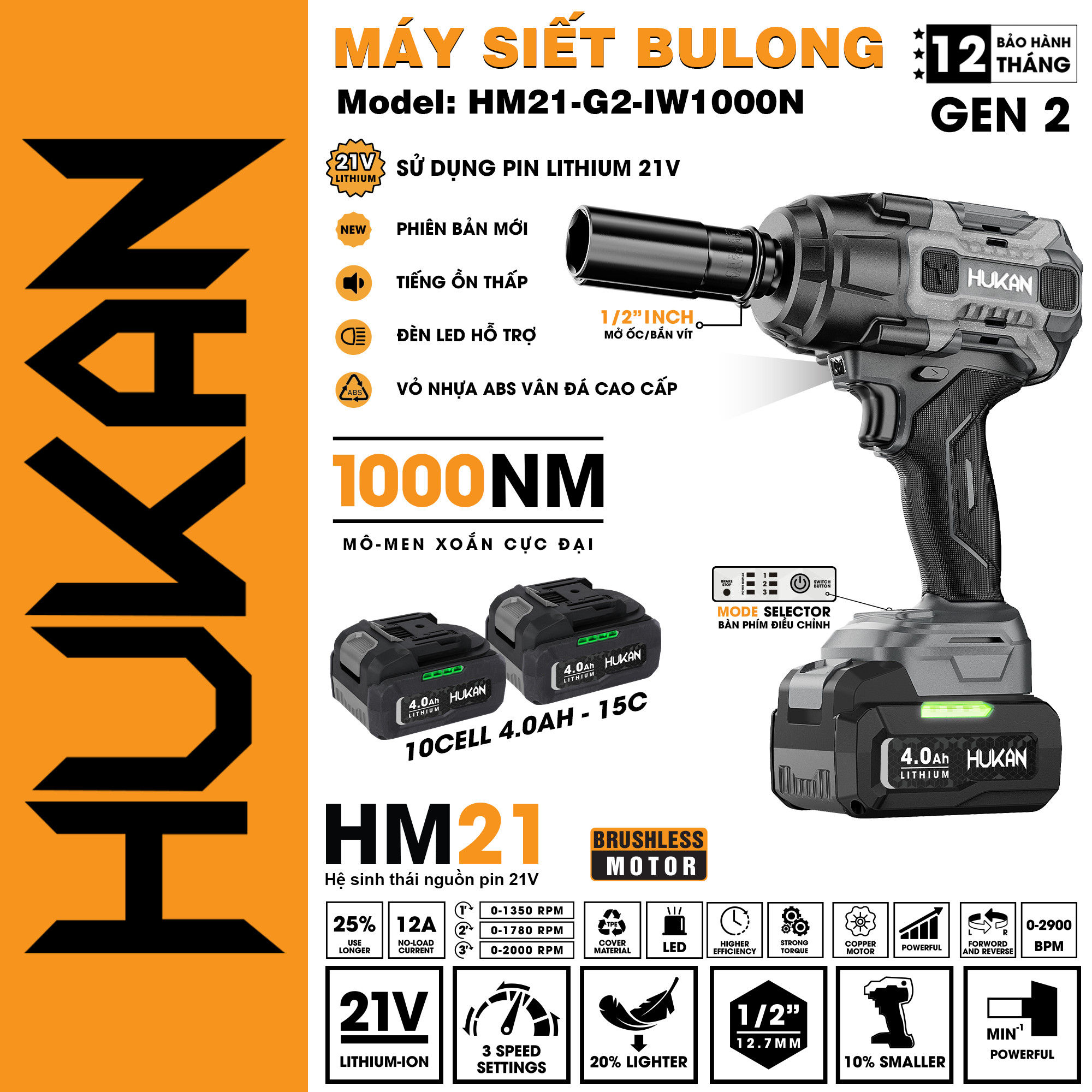Máy siết bulong dùng pin HUKAN HM21-G2-IW1000N (chưa có pin và sạc)