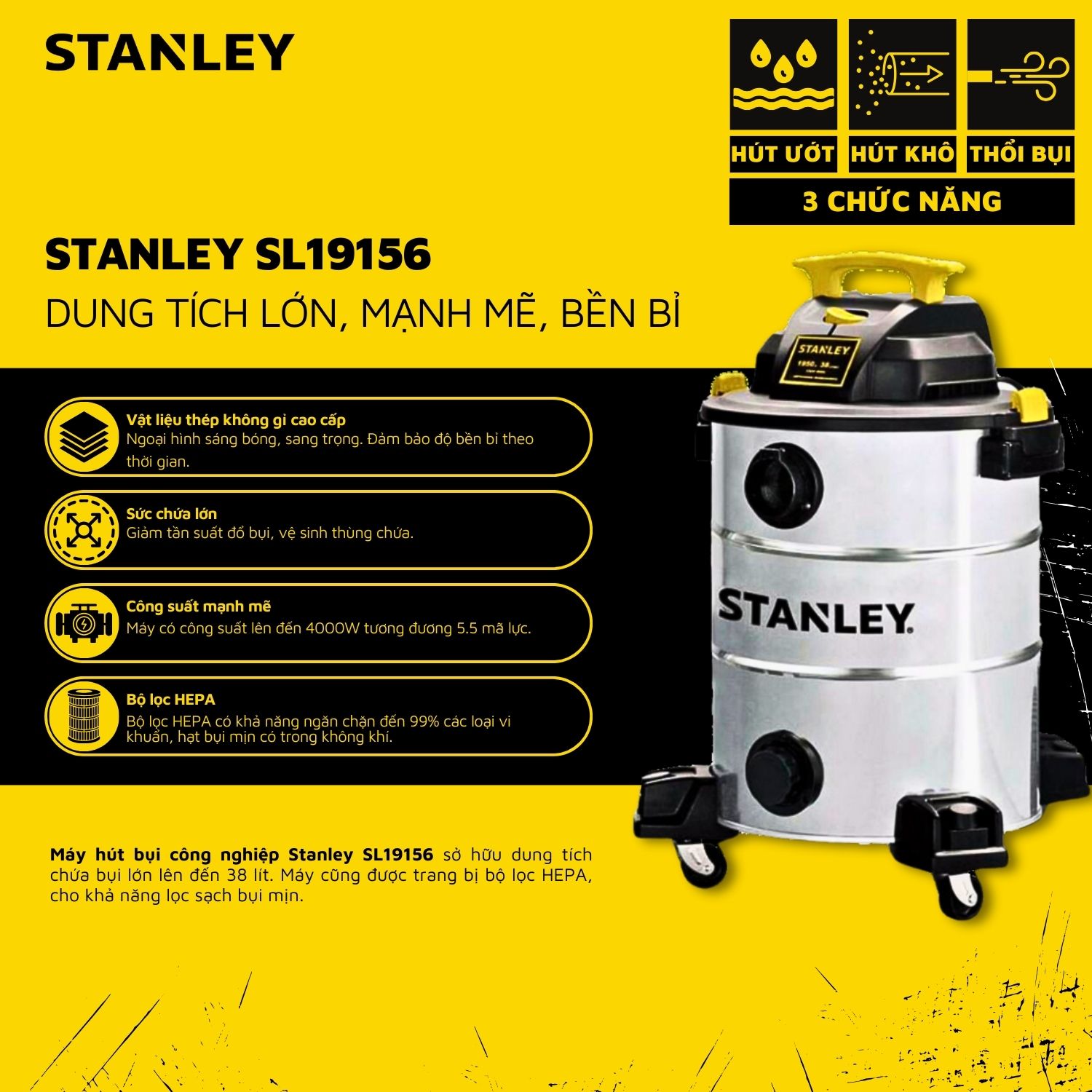 Máy hút bụi 3 chức năng Khô/Ướt/Thổi STANLEY SL19156