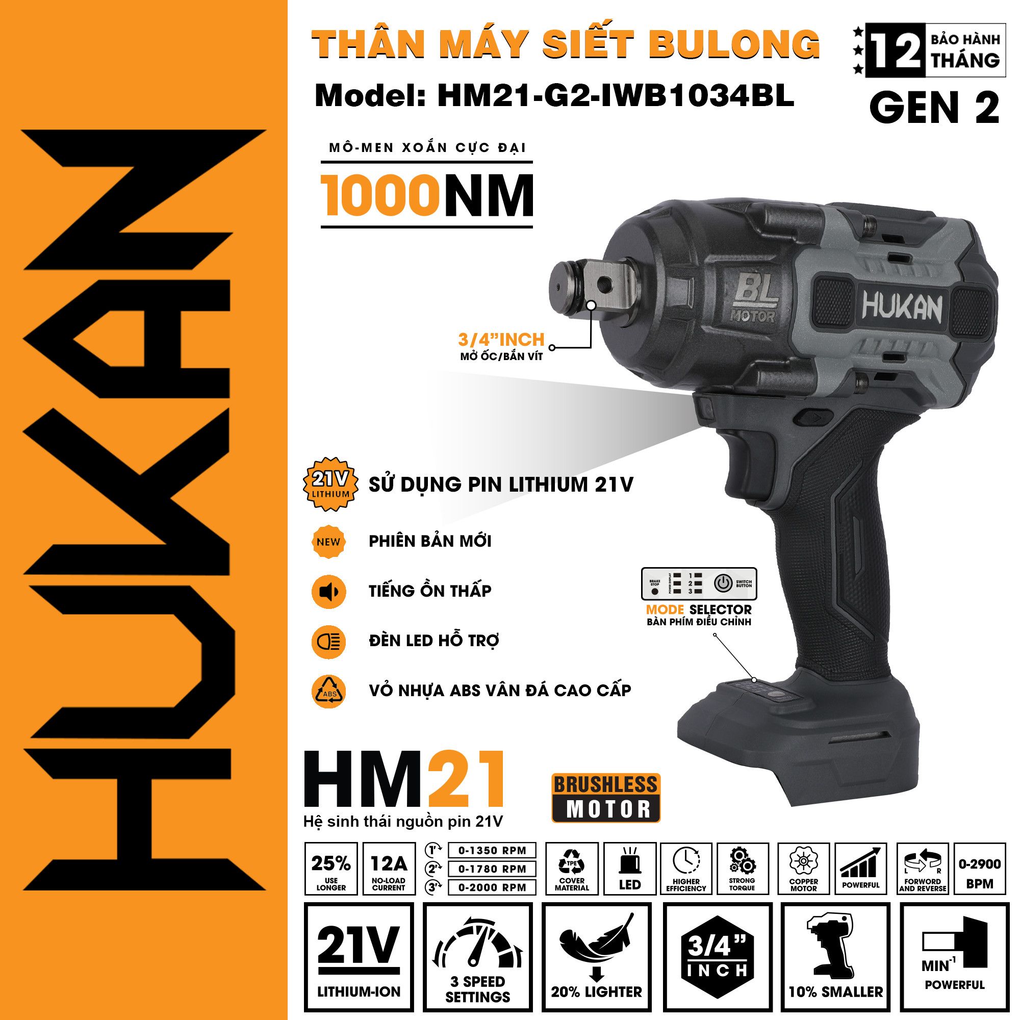 Máy siết bulong dùng pin HUKAN HM21-G2-IWB1034BL (chưa có pin và sạc)