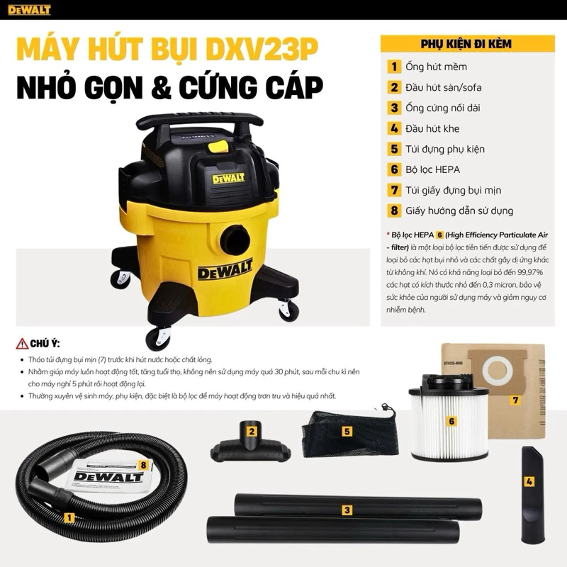 Máy hút bụi 3 chức năng ướt/khô/thổi 23 lít DEWALT DXV23P