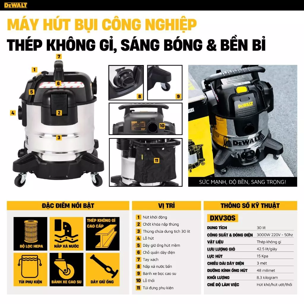Máy hút bụi 3 chức năng ướt/khô/thổi 30 lít DEWALT DXV30S