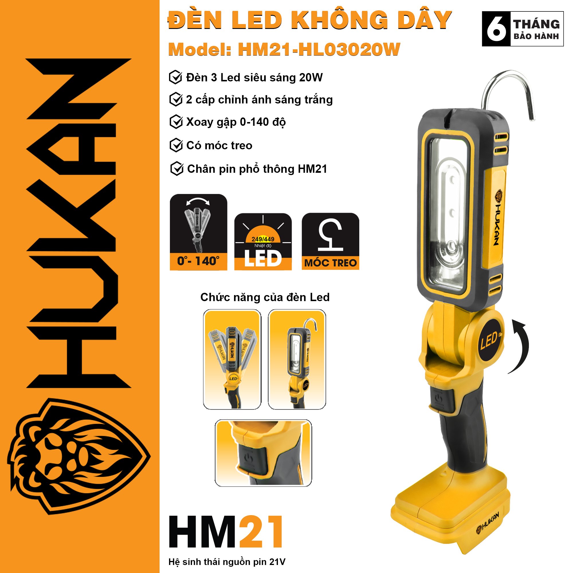 Đèn led dùng pin HUKAN HM21- HLO3020W (chưa có pin và sạc)