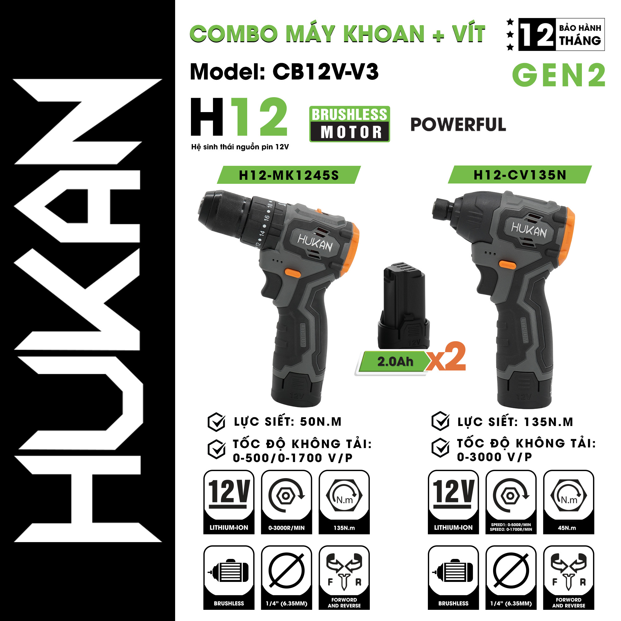 Combo máy khoan và máy vít pin HUKAN CB12V-V3