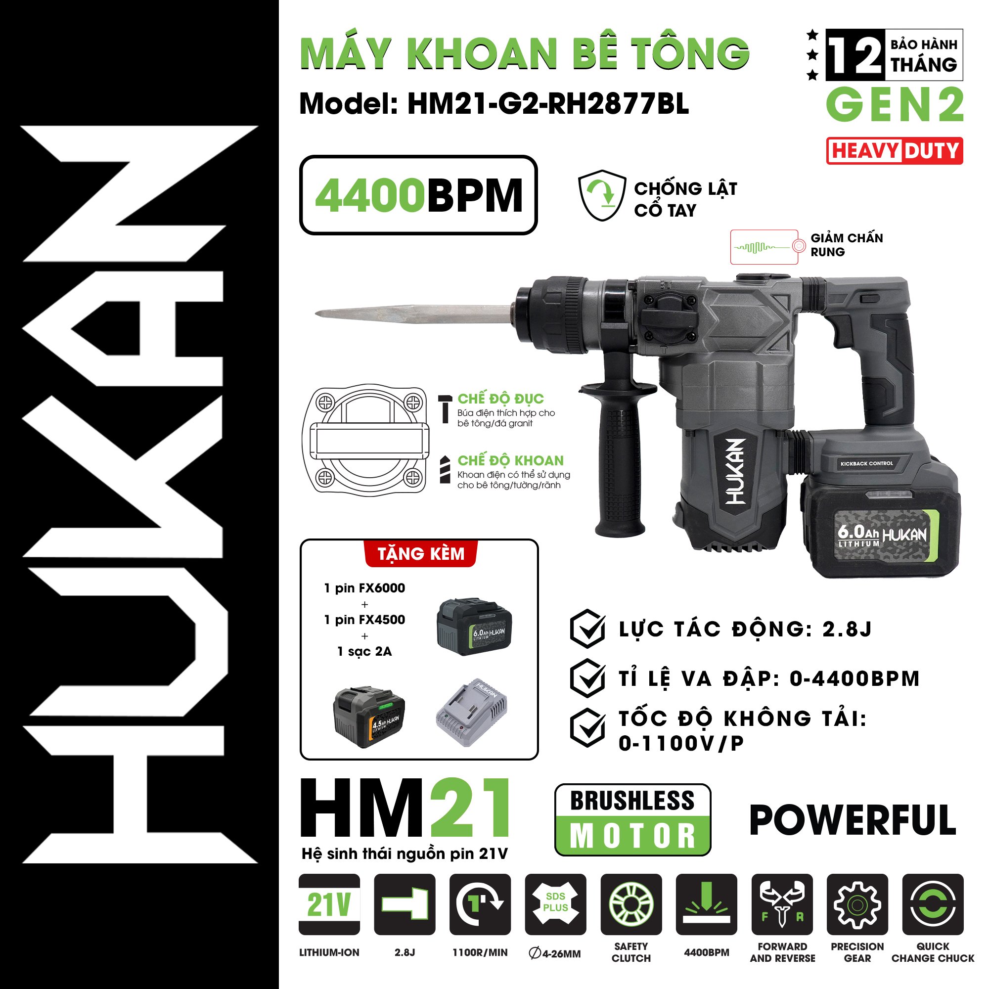 Máy khoan - đục bê tông dùng pin HUKAN HM21-G2-RH2877BL (chưa có pin sạc)