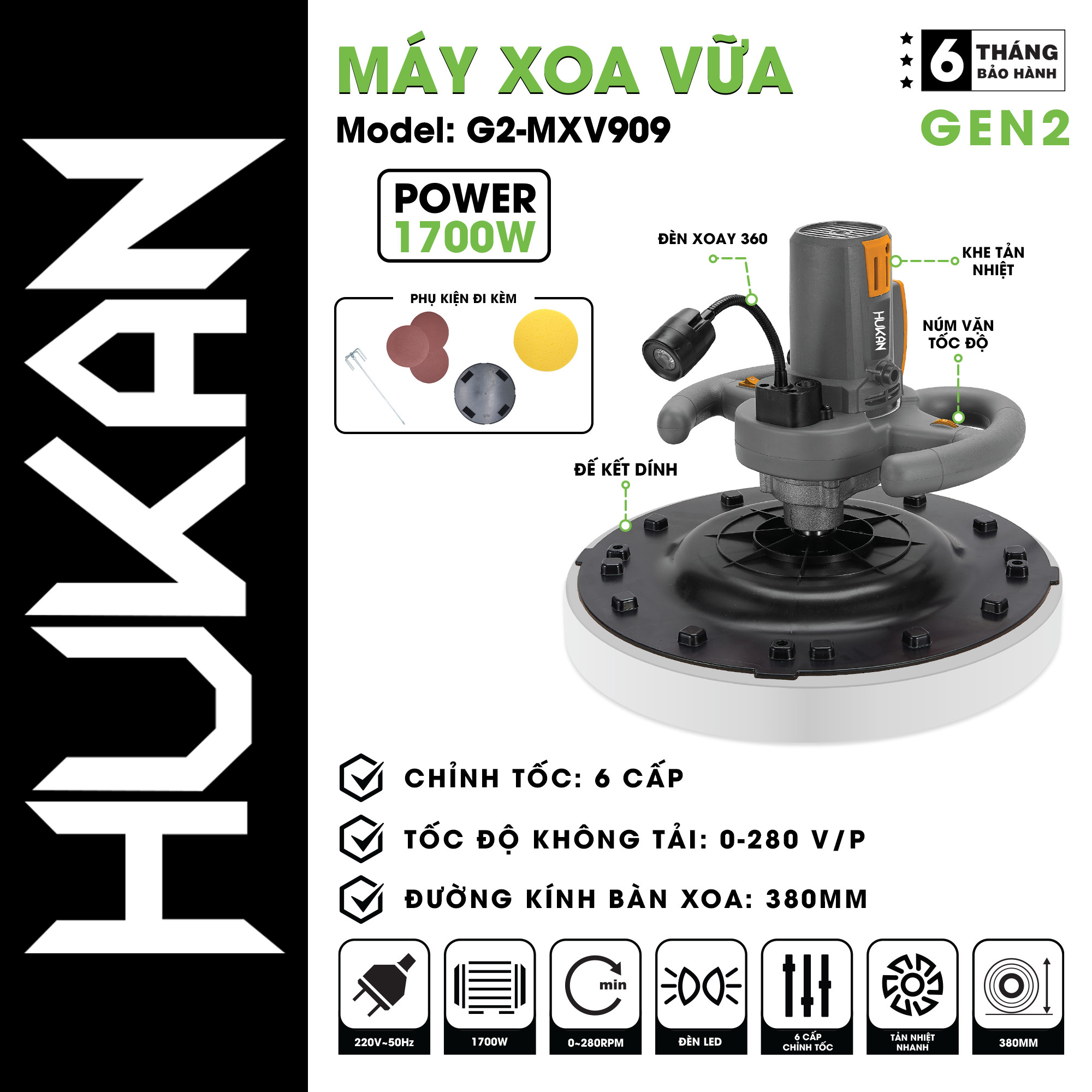 Máy xoa vữa dùng điện HUKAN G2-MXV909