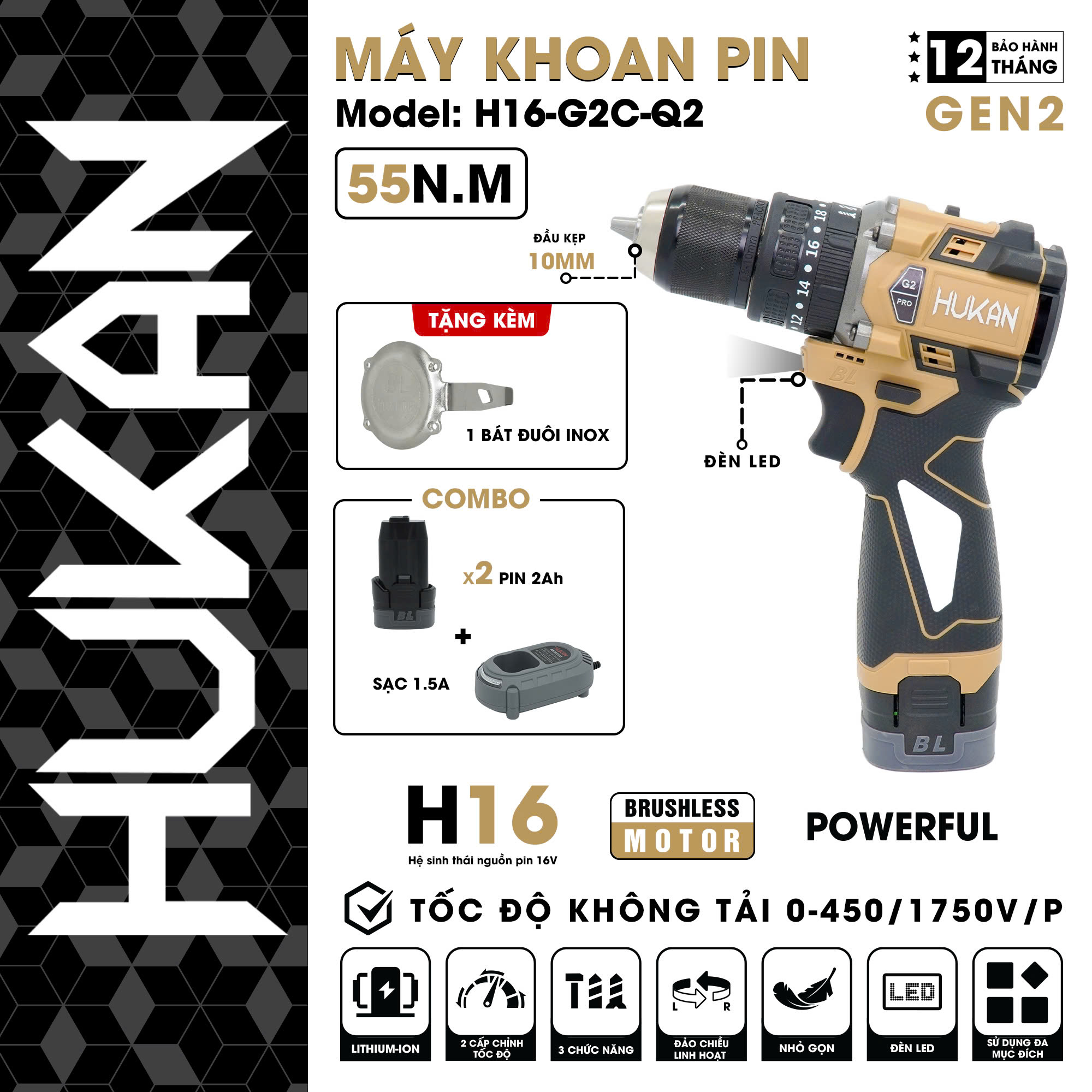 Máy khoan dùng pin 10mm Gen 2 HUKAN H16-G2C-Q2 và H16-G2X-Q2 (có khóa trục)