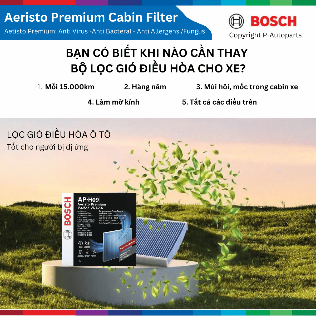 Lọc gió điều hòa BOSCH Aeristo Premium - Loại lọc bụi mịn PM2.5