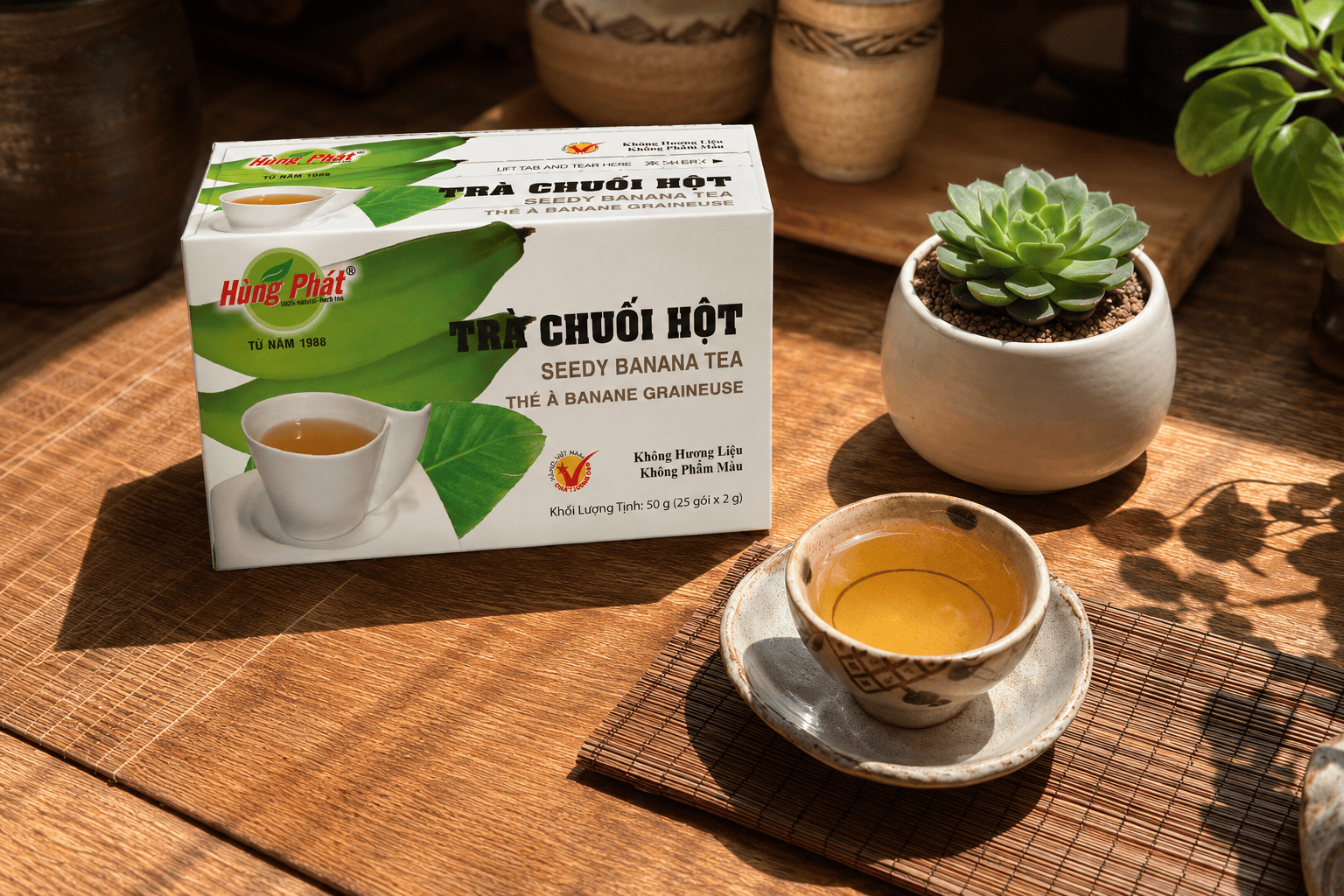 Trà Chuối Hột Hùng Phát: Trà Túi Lọc Thảo Mộc Dễ Pha Cho Thói Quen Hằng Ngày