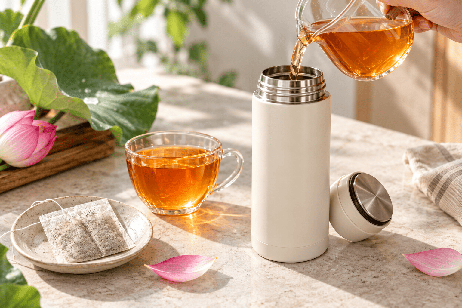 Trà tim sen túi lọc pha trong bình giữ nhiệt được không? Cách tránh vị đậm dần khi mang theo