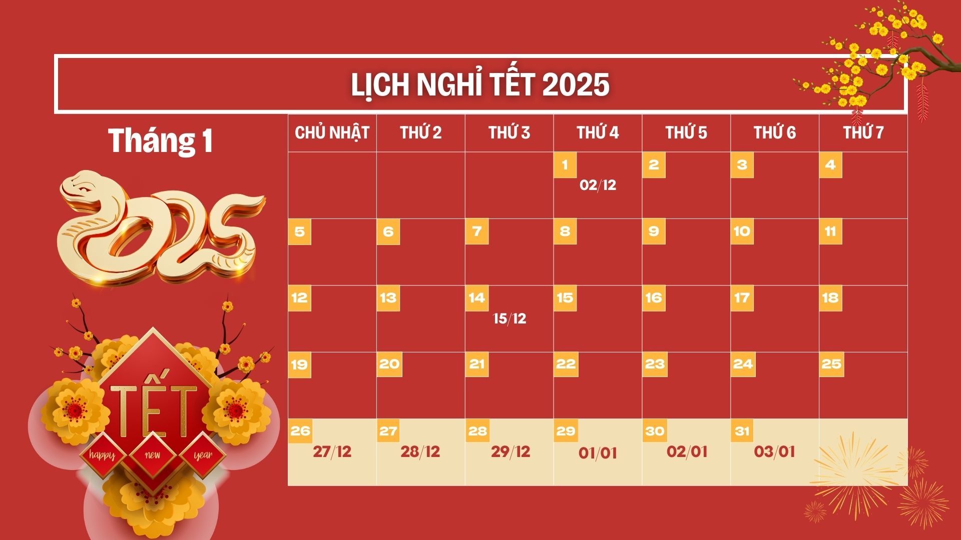 Mùng 1 Tết 2025 là ngày mấy dương lịch? Còn bao nhiêu ngày nữa đến tết 2025 tính từ hôm nay?