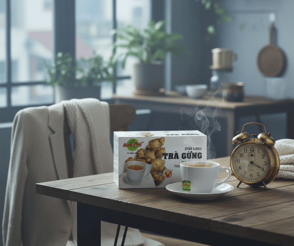 Trà Gừng Túi Lọc Hùng Phát – Thói Quen Giữ Ấm Cơ Thể Vào Buổi Sáng Lạnh Cho Người Bận Rộn