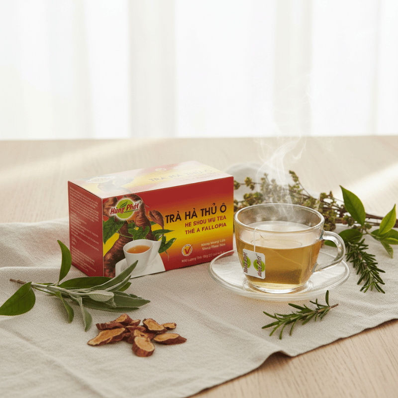 Sự giao thoa thảo mộc tự nhiên trong gói Trà Hà Thủ Ô Hùng Phát