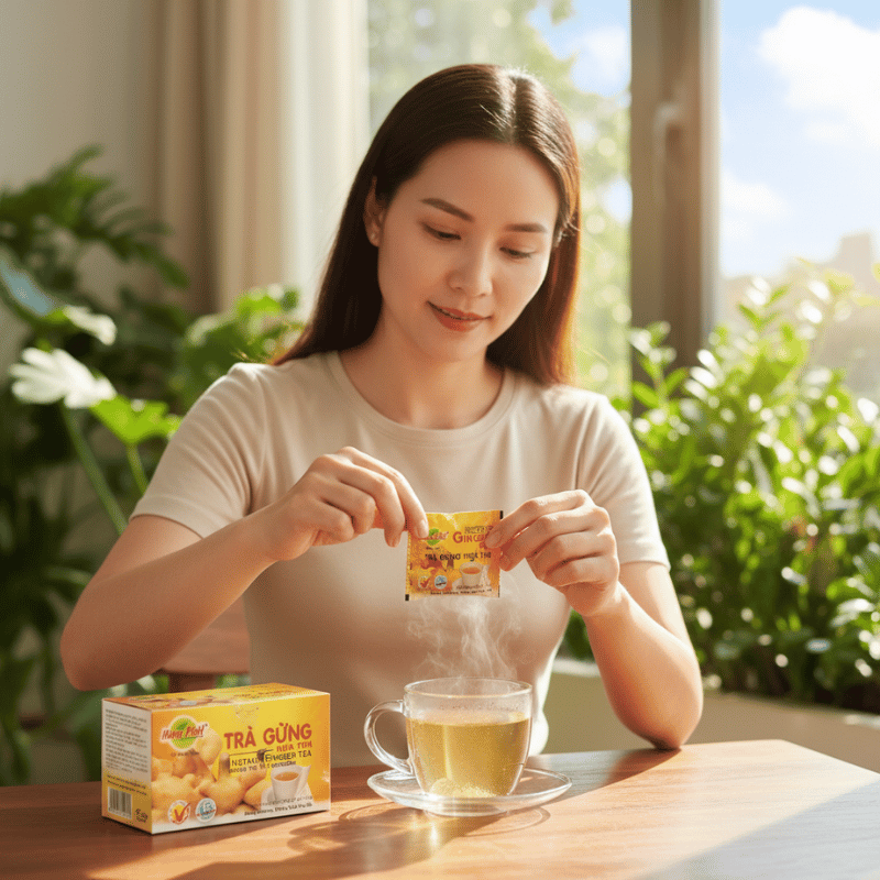 Cách pha Trà Gừng Hòa Tan Hùng Phát chuẩn vị để cảm nhận hương thơm gừng nồng nàn