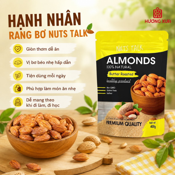 Hạnh Nhân Rang Bơ Premium Almonds Nuts Talk Túi 400g