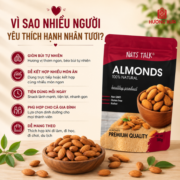 Hạnh Nhân Tươi Premium Almonds Nuts Talk Túi 500g